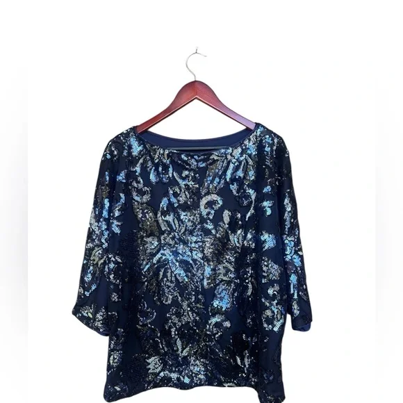 MSK Women’s Floral Sparkly Sequin Dark Blue Formal Blouse Size XL - Picture 4 of 7